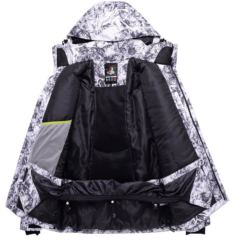Waterproof windproof men's ski jacket with hooded collar, perfect for winter sports and skiing. Model SF0922, interior view.